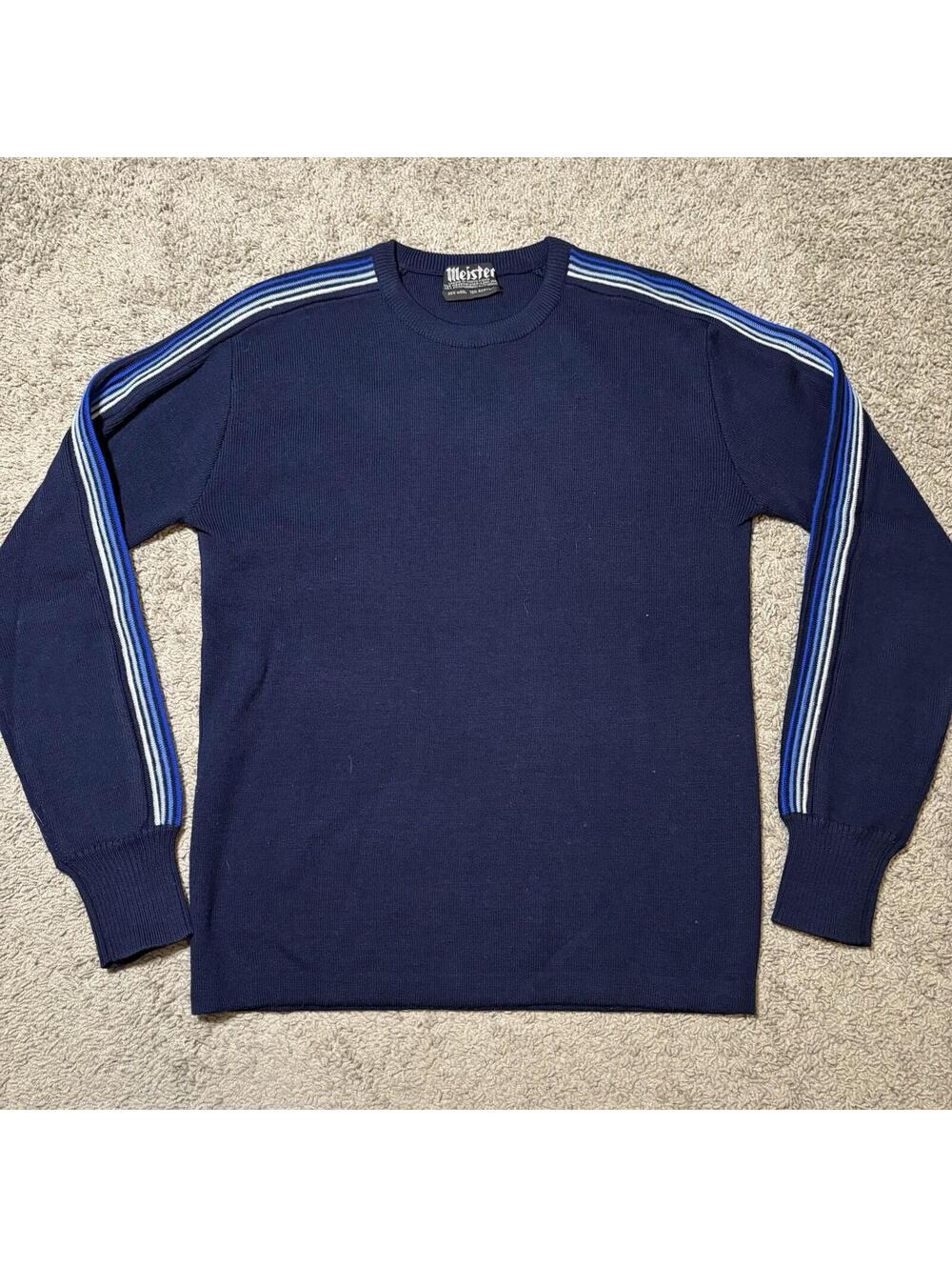 Vintage Meister Wool Blend Knit Sweater Mens Medium Retro 80s Navy Blue Striped